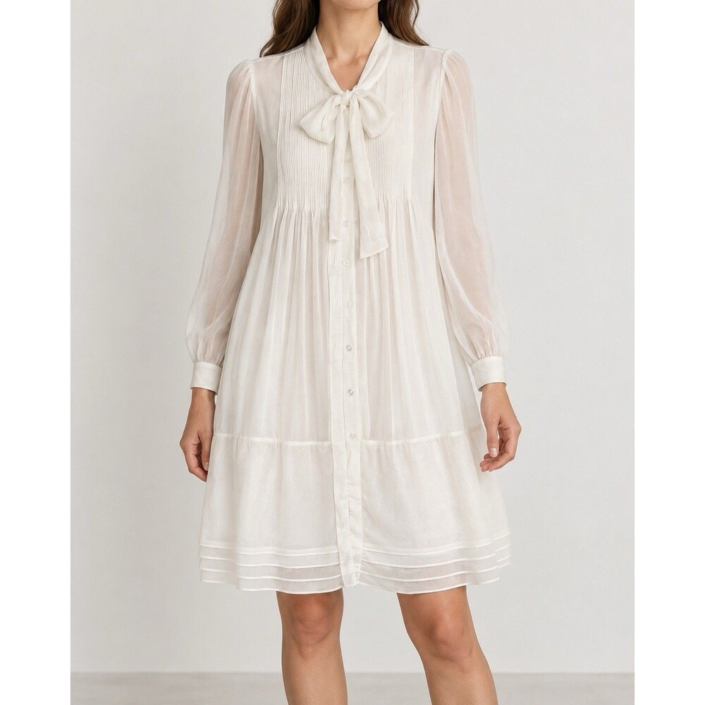 Diane von Furstenberg DVF Silk Ivory Bow Pintuck Shirt Dress Size 4